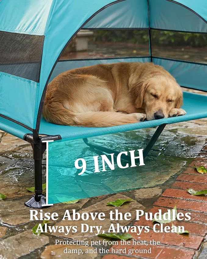 Elevated Dog Bed with Canopy - 3-Sided UV Protection Pet Tent with Wider Shade, Raised Cooling Outdoor Dog Cot with Breathable Mesh for Medium Large Dogs, Portable Bed for Camping, Patio (Aqua, XL)