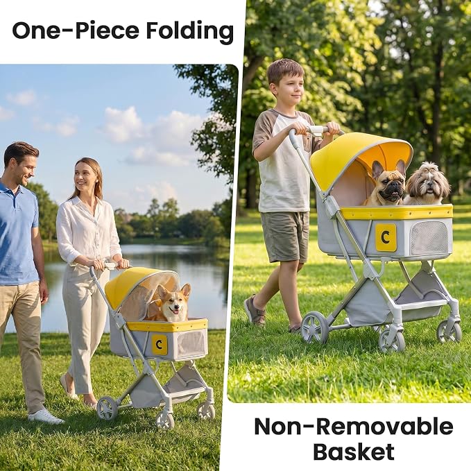 Dog Strollers for Small Medium Dogs 50 lbs,4 Wheels All-Terrain Cat Stroller,One-Click Folding Pet Stroller,Breathable Mesh,Storage Basket(Yellow)