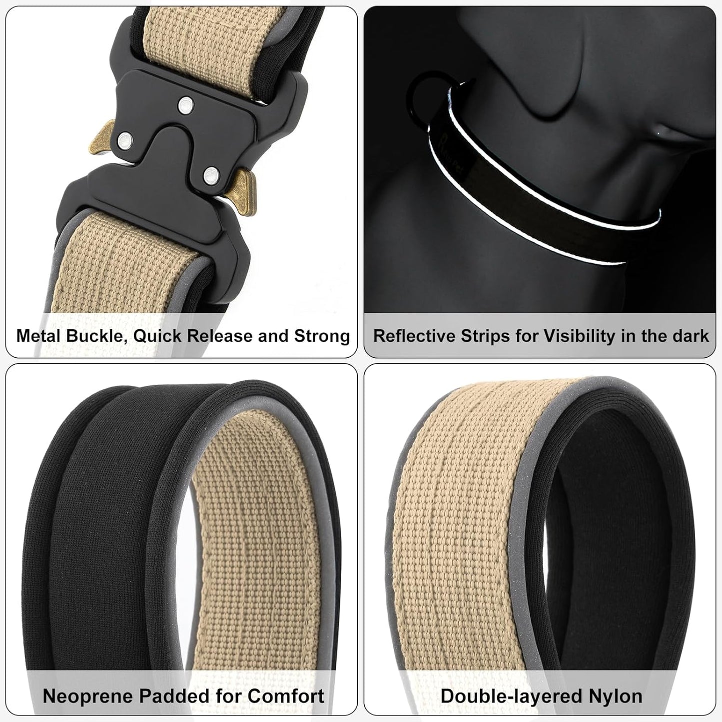 Plutus Pet Tactical Dog Collar, Reflective, Adjustable Heavy Duty Dog Collar, Soft Padded and Comfortable, for Small Medium and Large Dogs (Beige, S)