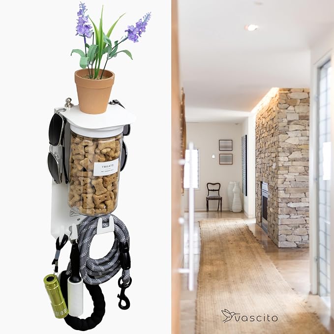 Dog Leash Holder for Wall with Shelf — Wall Mounted Dog Treat Holder & Station, 1 Large Airtight 32oz Treat Container, 6 Hooks, Patented Lidless Slide-to-Seal Jar, Solid Steel, Made in USA