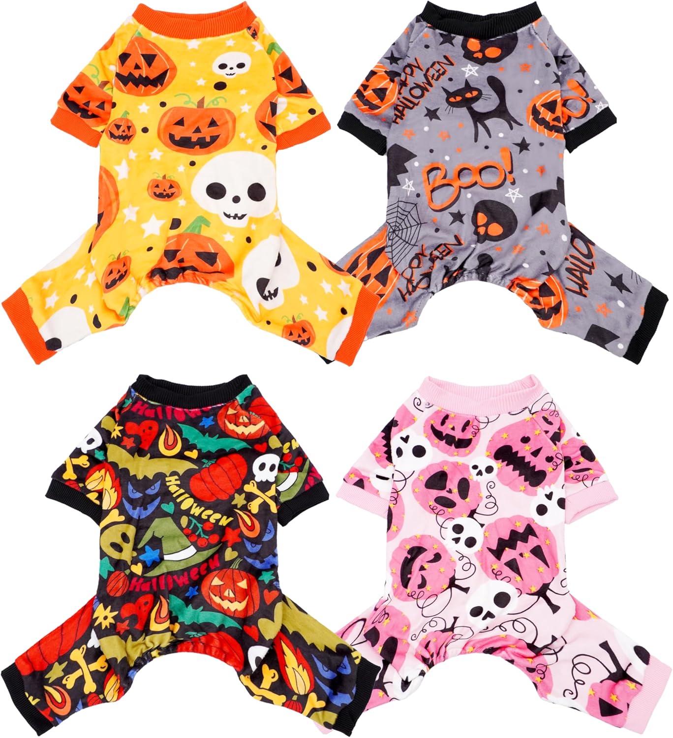 PET SHOW 4 Pack Halloween Dog Pajamas for Medium Dogs Onesie Soft Pumpkin Ghost Soft Fleece Stretchy Jumpsuit Costume Boy Girl PetsPJs with Sleeve Clothes(XL)