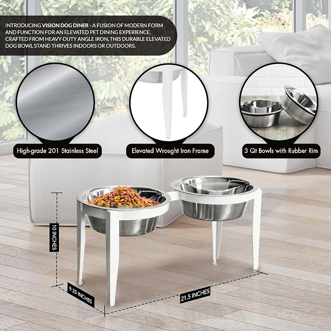 Vision Elevated Double Diner - 10" White - Metal Dog Bowl Stand for Large and XL Dogs, Raised Feeder Station, Wrought Iron, Outdoor/Indoor Pet Bowl, Best for Tall Dogs, Dog Feeding Station