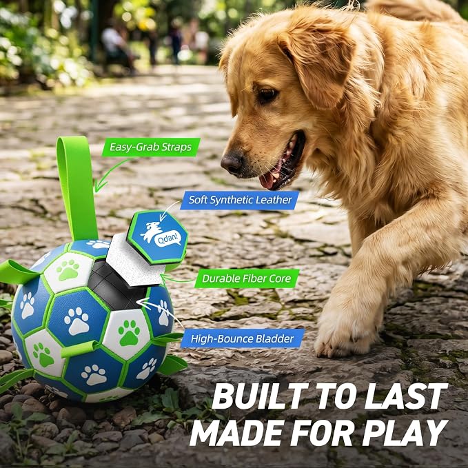 QDAN Dog Toy Balls, Dog Soccer Ball with Straps, Outdoor Dog Toys, Pet Training Soccer for Medium Large (6 Inch)