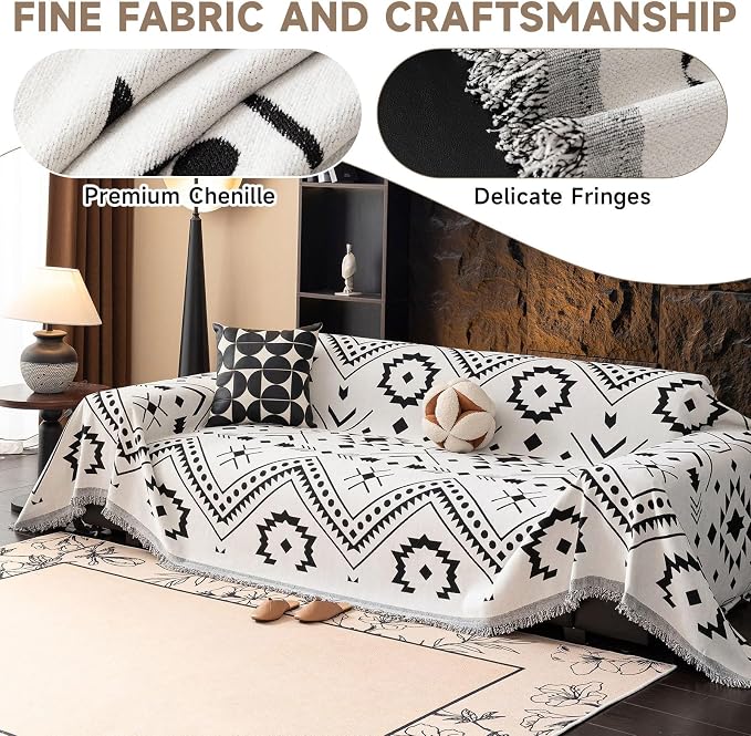 VClife Bohemian Couch Cover Aztec Geometric Chenille Sofa Cover for Sectional Couch - Black and White Zigzag Pattern Sofa Slipcover for 2 Cushion Couch Sofa 71" X 118"