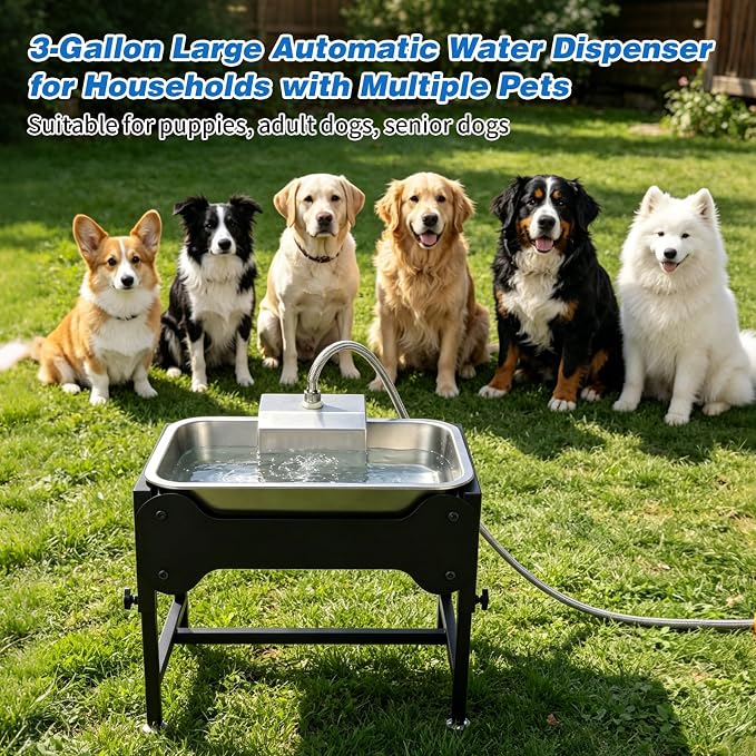 3 Gallon Outdoor Automatic Dog Water Dispenser, 4-Height Stand | Dog Water Bowl Dispenser, Auto-Refill Float Valve, Stainless Steel Bowl, Outdoor Livestock Use, 4 Heights, 14 x 10.6 x 5.9 in