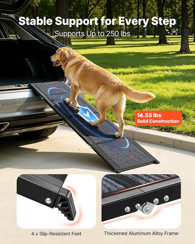 VEVOR Dog Ramp for Cars, 63" L x 17" W, Folding Pet Ramps for Medium & Large Dogs up to 250lbs, Pet Stair Ramp with Non-Slip Felt Rug Surface, Portable Outdoor Dog Car Ramps for SUV & Truck