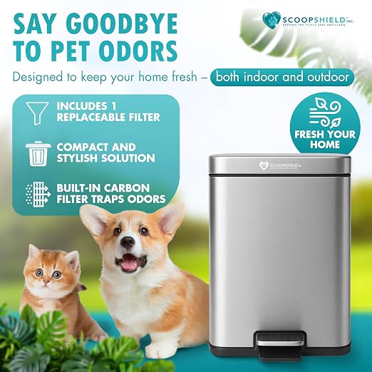 6L Outdoor and Indoor Pet Waste Container, (with one Charcoal Filter), Stainless Steel Can. Lid Opens with Push Step. 12 in x 10 in x 8 in Dimension.