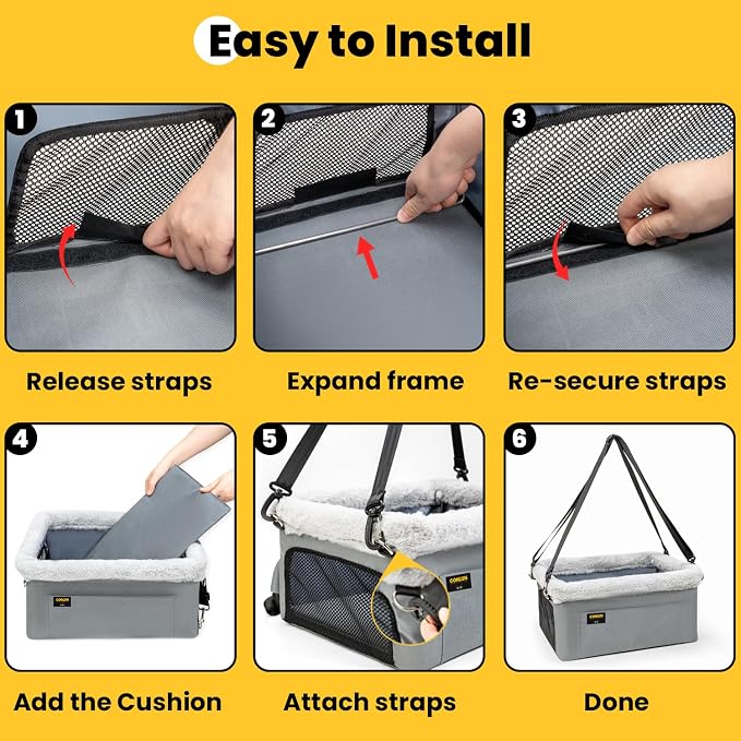 Conlun Dog Car Seat Booster for Small Pet Under 20lbs, Portable Travel Puppy Car Seat with Internal Steel Frame, Comfort Cushion & Storage Pockets, Adjustable Straps Fit Most Cars, Grey