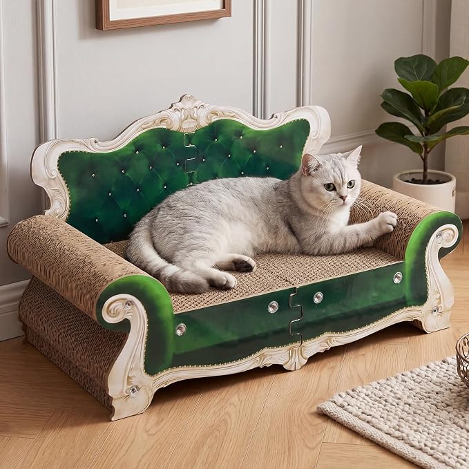 Luxury Cardboard Cat Scratcher Sofa Bed, Couch Shaped Cat Scratching Board, Cat Scratch Lounge with Catnip, Cat Scratcher for Indoor Cats (Green Crown)