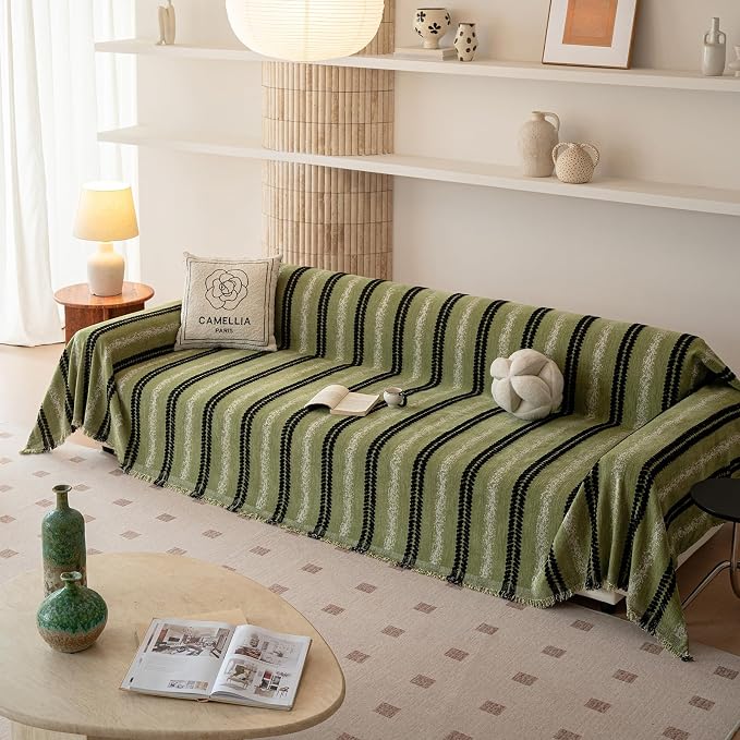 VClife Chenille Sofa Cover Bohemian Striped Pattern Couch Cover for 3 Cushion Sofa - Sage Green Black Textured Sofa Slipcover Washable Furniture Protector for Couch Decorative Couch Cushion Cover