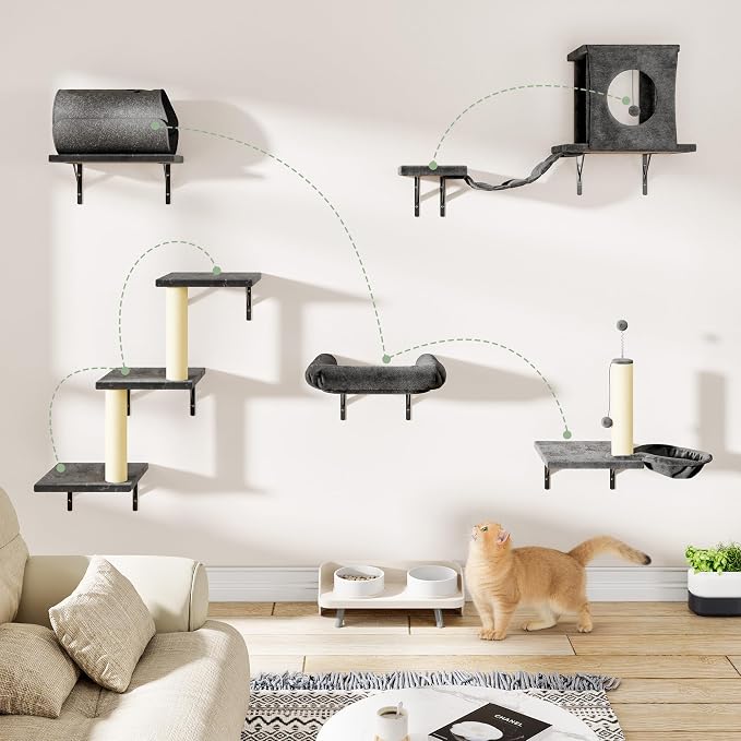 Cat Wall Shelves, 7-in-1 Wall Mounted Cat Climber Set, Indoor Cat Furniture – Includes House, Tunnel, Bridge, Steps, Scratcher, Hammock, Shelves, Dark Gray