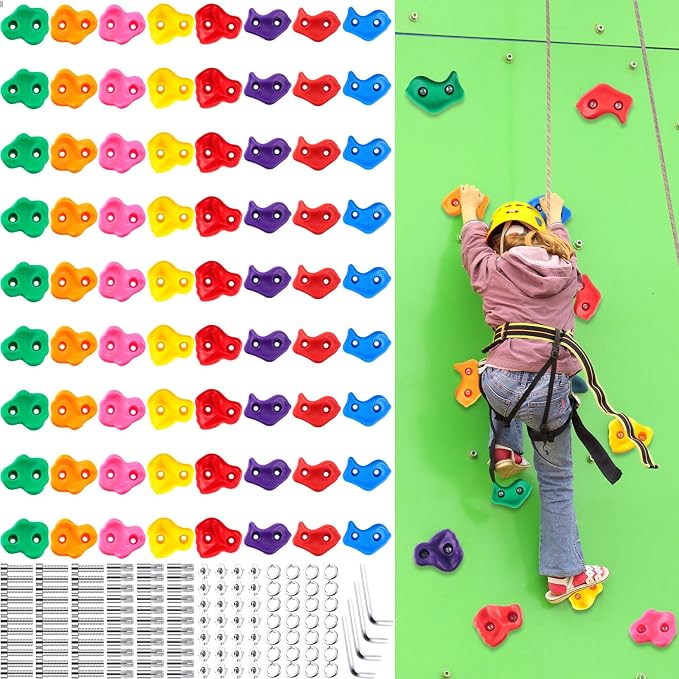 Meooeck 72 Pcs Kids Rock Wall Climbing Holds Set Colorful Grips with Mounting Screws and Hardware for DIY Indoor Outdoor Backyard Playground Back to School Birthday Gift(Classic Color)