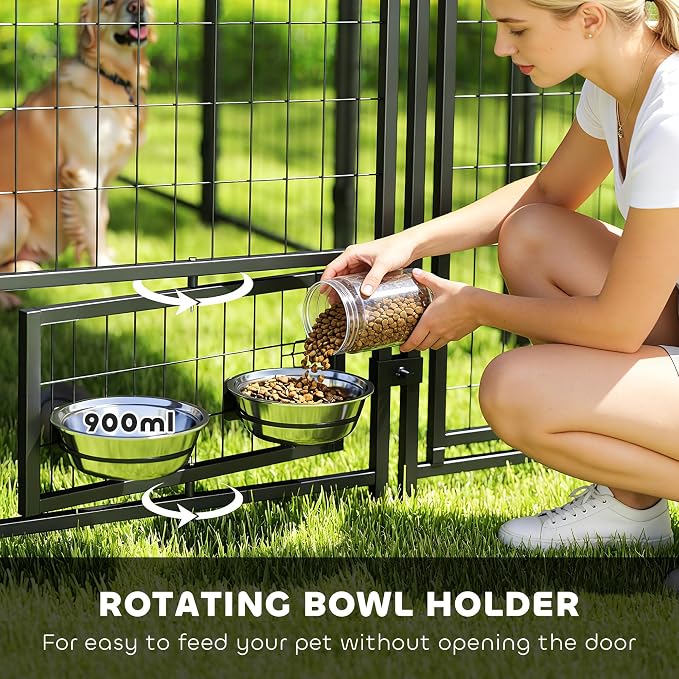 PawHut 8' x 4' x 6' Dog Kennel Outside Welded Wire for Large Breeds Silver | Outdoor Dog Kennel Run, 360° Rotating Bowls, Waterproof & UV Resistant Cover, for Chickens, Ducks