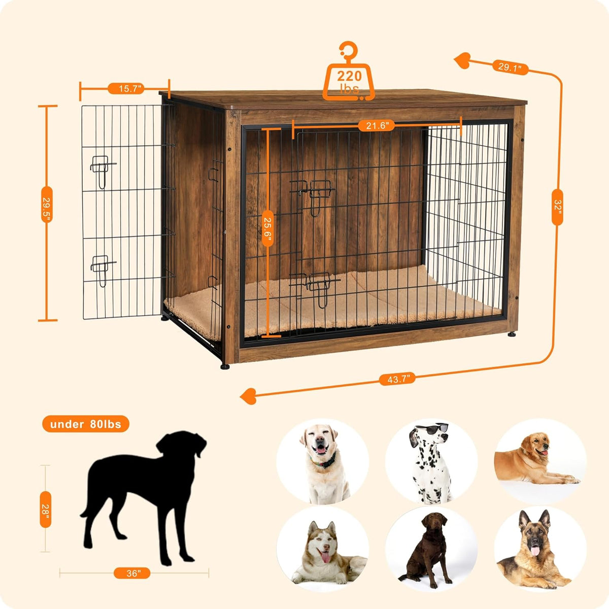DWANTON Dog Crate Furniture with Cushion, Wooden Kennel Table with Double Doors, Indoor Dog House, Extra Large, 43.3" L, Warm Brown