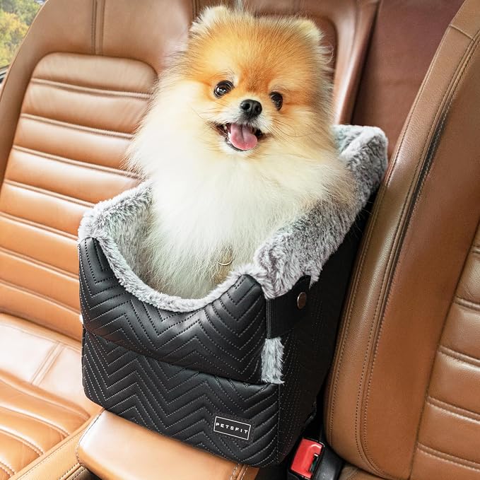 PETSFIT Dog Console Car Seat with Dual Adjustable Seat-Rail Anchor Hooks | Anti-Collapse Leather Armrest Booster Carseat with Safety Tether, Washable Cushion, Soft Pillow for Pets Under 8 lbs, Black