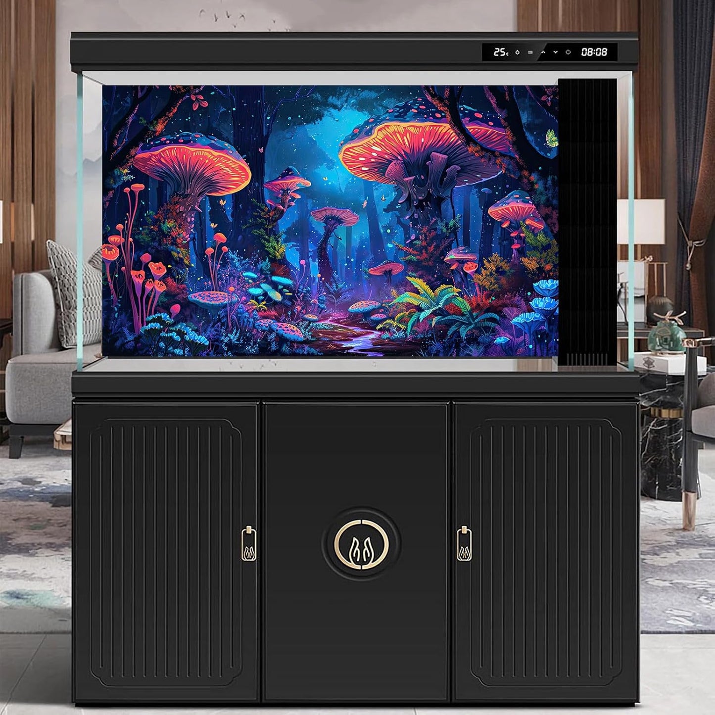 Mushrooms Aquarium Background Fantasy Bright Flowers Butterflies Fish Tank Backdrop Decoration Poster Trippy Wonderland Landscape with Giant Mystical Mushrooms Terrarium Background Decor 24x16in