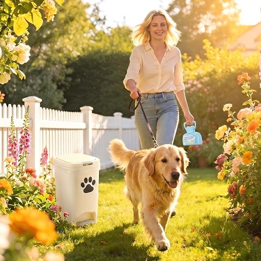 Hushee 10L/2.6Gal Dog Poop Trash Can Outdoor Set, Pedal Garbage Can with Lid, Blue Pooper Scooper, Black Paw Stickers and 30 Waste Bags for Small, Medium and Large Dogs Poop Disposal Kit