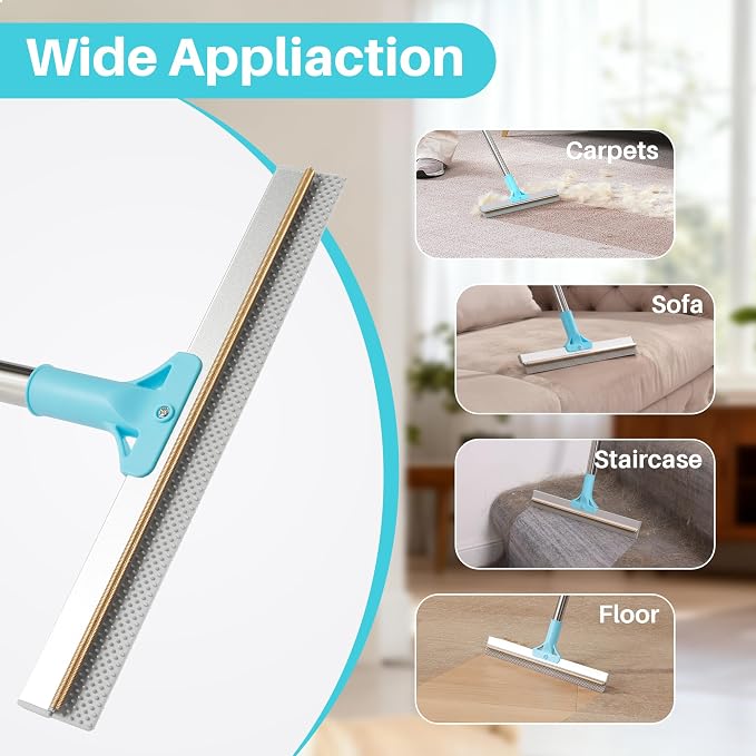 JOYMOOP Carpet Rake for Pet Hair Removal, 63" Adjustable Long Handle Pet Hair Remover, Reusable Cat Dog Hair Carpet Rake with Metal and Silicone Scraper for Rug, Sofa, Cloth