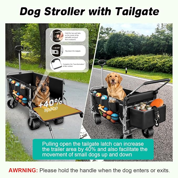 Folding Large Dog Wagon Cart for Senior, Injured & Arthritic Dogs | Heavy Duty Utility Large Dog Stroller Cart Up to 220LBS, All-Terrain, Tailgate, Adjustable Handle, Thick Mat, Storage Baskets