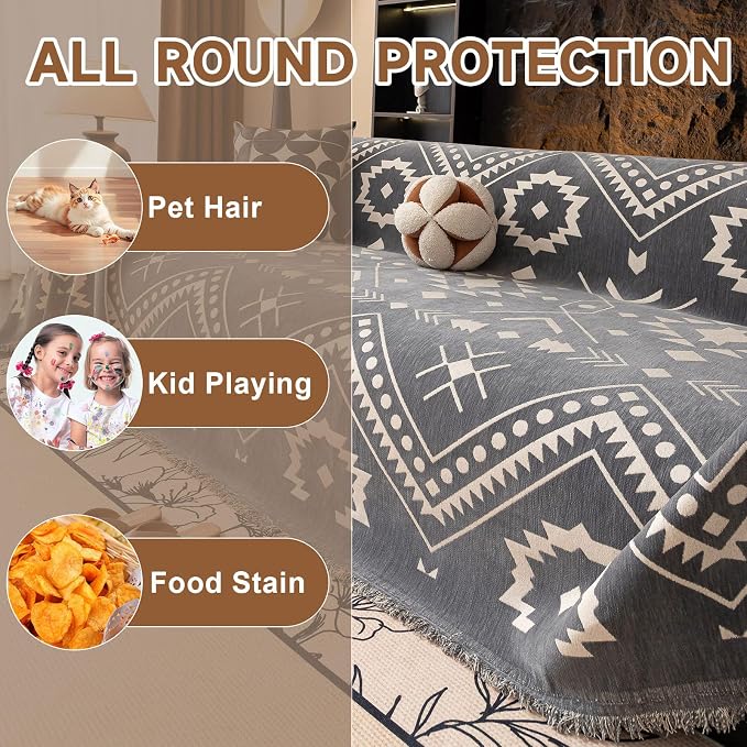 VClife Aztec Geometric Chenille Couch Cover Washable Sofa Cover for 2 Cushion Couch Sofa Retro Vintage Gray White Tribal Pattern Sofa Slipcover for Sectional Couch 71" X 118"