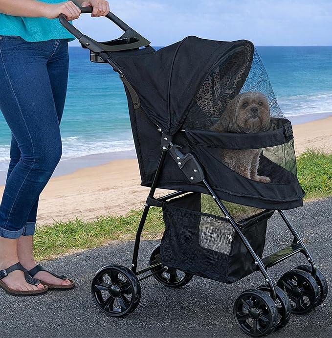 Pet Gear No-Zip Happy Trails Lite Pet Stroller, Cheetah Print | Zipperless Entry, Easy Fold with Removable Liner, Safety Tether, Storage Basket + Cup Holder, For Cats/Dogs