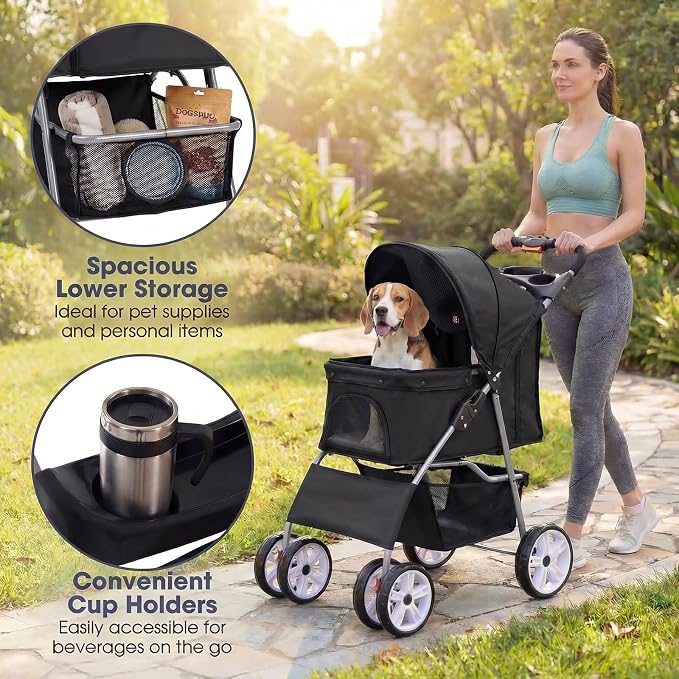Giantex Foldable Pet Stroller for Small Dogs & Cats, Lightweight Dog Stroller with Lockable Wheels, One-Hand Quick Fold, Adjustable Canopy, Safety Leash & Storage Basket, Pet Travel Stroller, Black