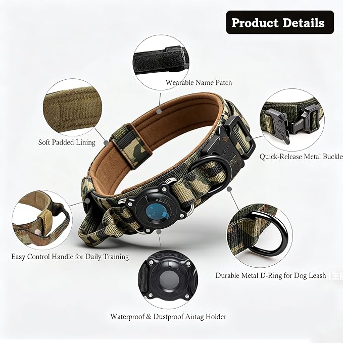 AirTag Dog Collar for Large Dogs Tactical Dog Collar with AirTag Holder | Upgrade Waterproof,Control Handle ,Quick-Release Metal Buckle，1000D Nylon Fabric,Soft-Padded Webbing，Velcro Patch(CAMO,XXL)