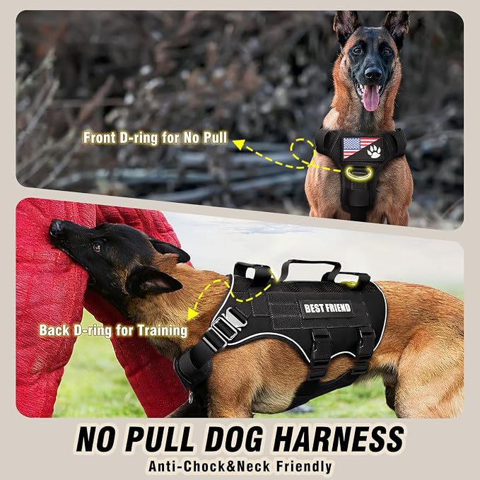 Air Mesh Tactical Dog Harness with Metal Buckles&MOLLE,Black Medium | Breathable Adjustable No Pull Service Dog Vest with 3 Padded Handles,Military Dog Harness for Training Hiking Hunting Working