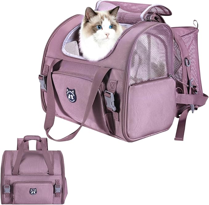 Lollimeow Expandable Cat Carrier Backpack for Large Cats - Airline Approved Pet Carrier Backpack for Small Dogs, Hiking & Travel, Waterproof with Breathable Mesh, 22lbs Capacity (Plum, Large)