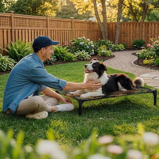 Outdoor Elevated Dog Bed for Large Dogs, Forest Bears Breathable Cooling Raised Dog Cot for Indoor/Outdoor, Nature Country Wild Animals Trees Branch Waterproof Elevated Pet Beds, L 28 x 22 in