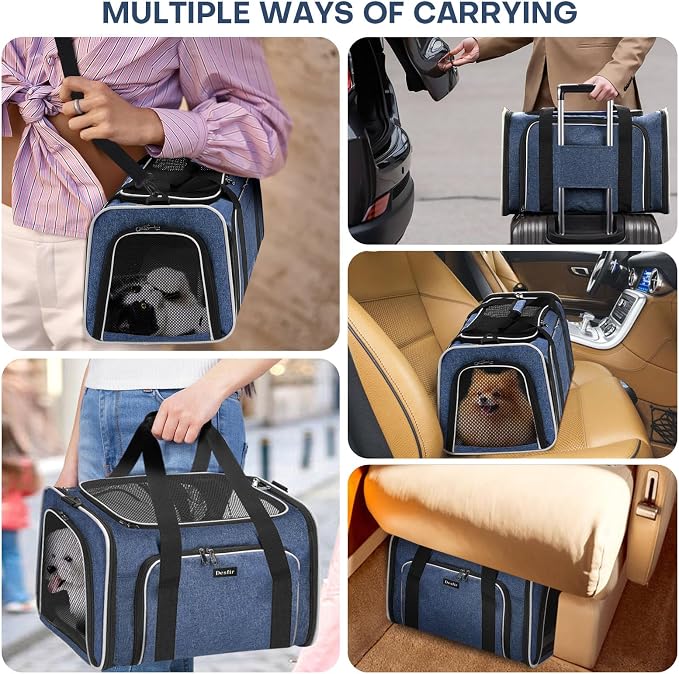 Pet Carrier, Large Soft Sided Expandable Travel Carrier with Steel Frame, Anti-Scratch Mesh, Removable Fleece Pad and Pockets for Cats, Dogs and Small Animals up to 15 lbs (Blue, 5 Sides Expandable)