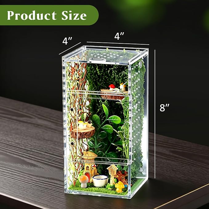 Jumping Spider Enclosure Kit, Small Acrylic Reptile Terrarium with Magnetic Door, Bug Habitat with 30 Pcs Jumping Spider Accessories for Tarantula, Mantis, Small Reptiles, 4" x 4" x 8"