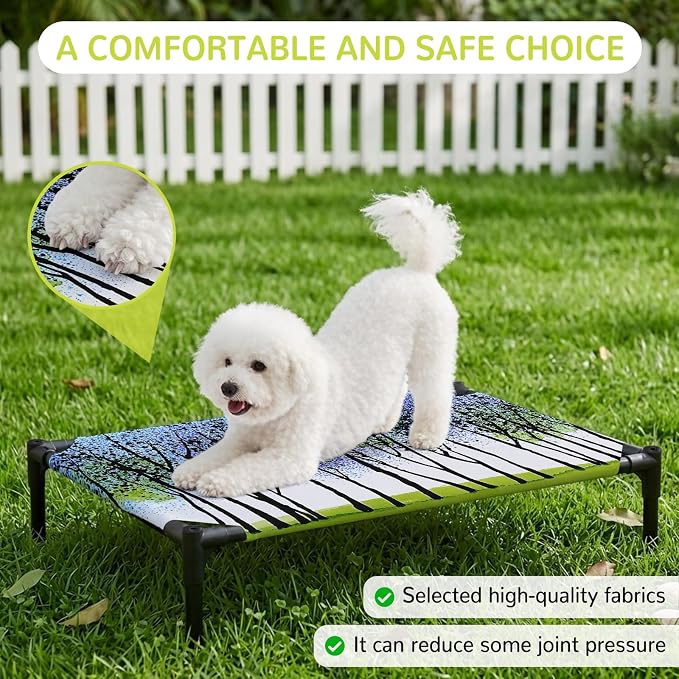 Outdoor Elevated Dog Bed for Large Dogs, Blue Green Forest Breathable Cooling Raised Dog Cot for Indoor/Outdoor, Modern Nature Tree Branch Landscape Waterproof Elevated Pet Beds, L 28 x 22 in