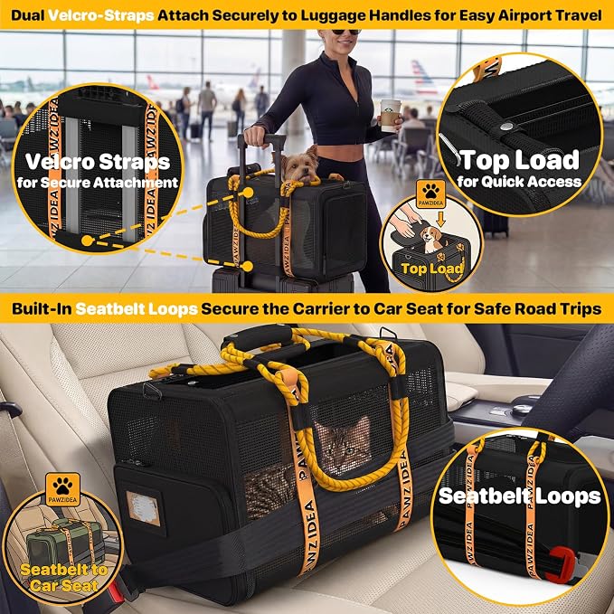 PAWZIDEA Expandable Pet Carrier with Wheels, 18"x11"x11" TSA Airline Approved Cat Carrier for 2 Cats Under Seat, Collapsible Soft-Sided Small Dog Rolling Travel Bag with Telescopic Handle, Up to 18lbs