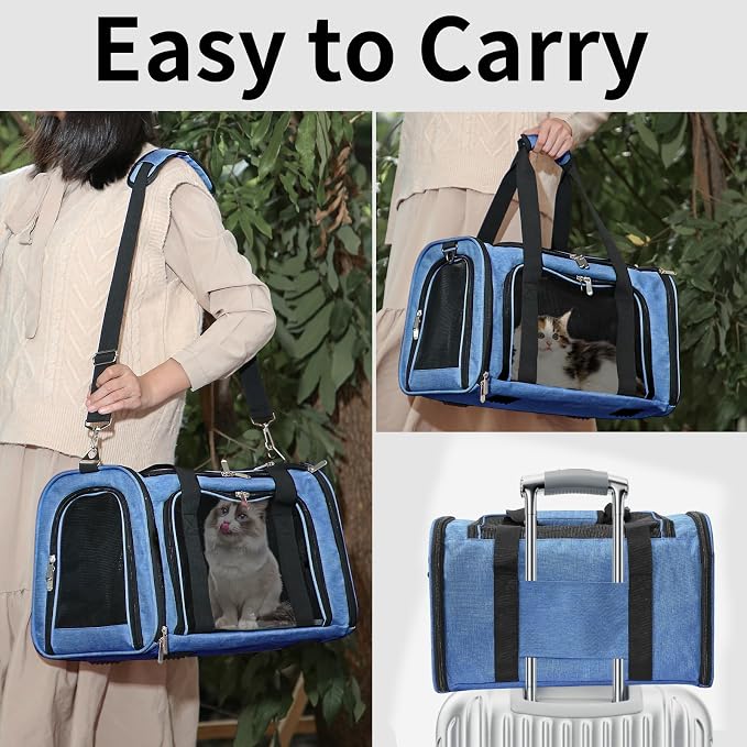 Soft-Sided Cat/Dog/Pet Carrier, Collapsible Pets Travel Carriers for Big Cats/Small Dogs with Shoulder Strap & Removable Mat, Mesh Puppy Carry Bag, Up to 25 Lbs (Blue)