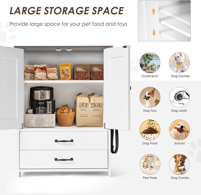 Dog Feeding Station Storage Cabinet: Pet Feeder Container Cabinet with 2 Hidden Raised Dog Bowls Drawers for Feeding & Watering Supplies