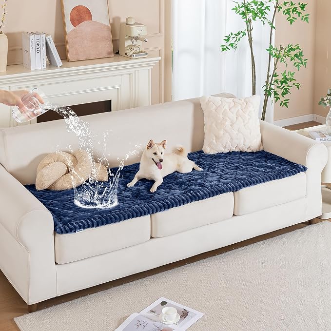 PuTian 100% Waterproof Fuzzy Couch Cover for Dogs Navy Blue 27.6"x82.7" | Pet Friendly Dog Mat for Couch, Waterproof Sofa Protector, Scratch Resistant Furniture Cover for Dogs, Machine Washable