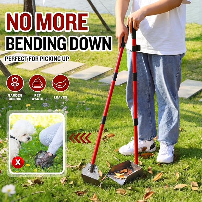 Pooper Scooper for Large Dogs, Adjustable Long Handle Metal Tray and Spade Poop Scooper for Dogs with Bin for Pet Waste Removal, No Bending Clean Up Pooper Scooper for Medium and Large Dogs,Red