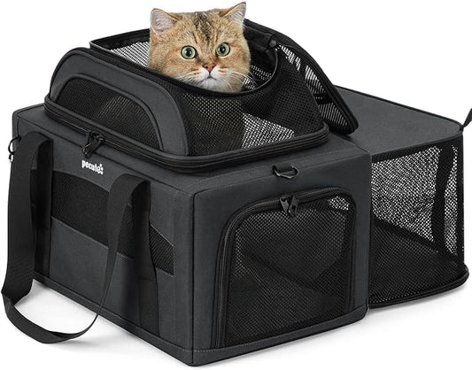 Pecute Top Side Expandable Pet Carrier Airline Approved Dog Cat Carrier, Breathable Soft-Sided with Locking Zippers, Pet Travel Bag for Small Dog Cat Leakproof Pee Pad ((Dark Gray)