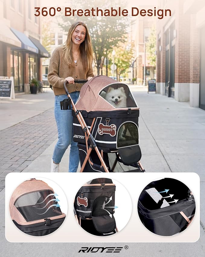 RIDYEE Dog Stroller, Foldable & Lightweight Pet Stroller for Small Medium Dogs & Cats up to 33 lbs, All-Terrain Shock Absorbing Wheels, Fully Ventilated, Storage Basket & Cup Holder