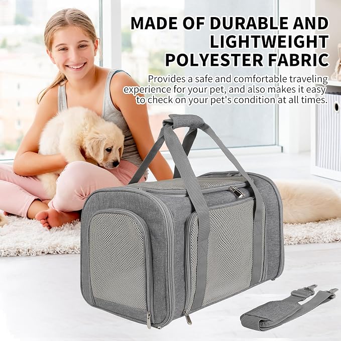 Cat Carrier, Soft-Sided Airline Approved Pet Carrier Case with 4 Ventilated Windows for Cats and Dogs Under 10-25Lbs (17.0 L x 11.0 W x 11.0 H Inch, Grey)