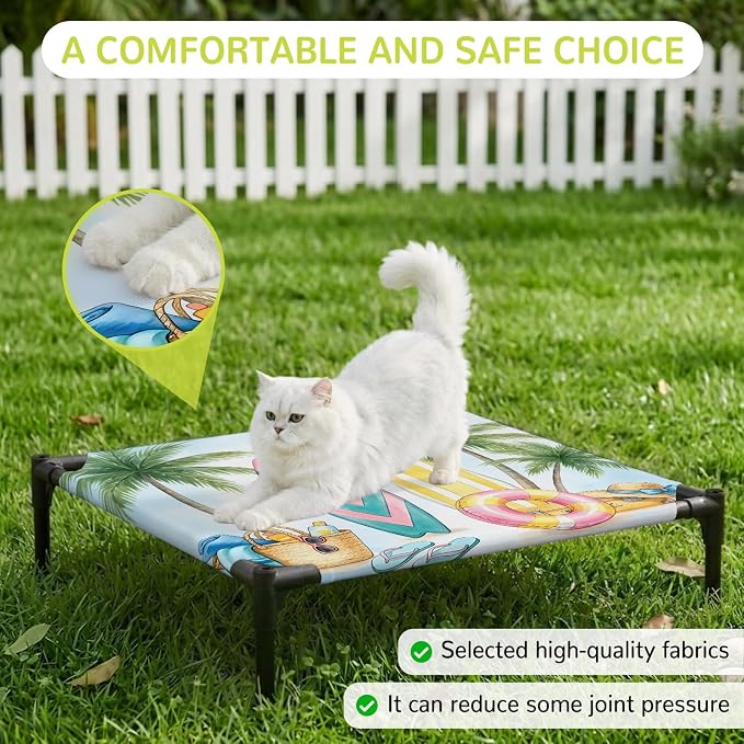 Outdoor Elevated Dog Bed for Small Dogs, Summer Beach Surfboard Breathable Cooling Raised Dog Cot for Indoor/Outdoor, Tropical Palm Tree Swimming Ring Waterproof Elevated Pet Beds, S 20 x 20 in