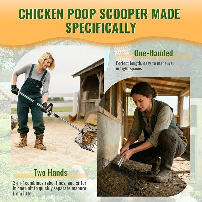 Chicken Poop Scooper, 2-in-1 Coop Scoop & Chicken Coop Rake, Sand Sifting Shovel with Adjustable Stainless Steel Handle, Up to 65 in, No-Bend Cleaning Tool - Patent-Pending (Black)