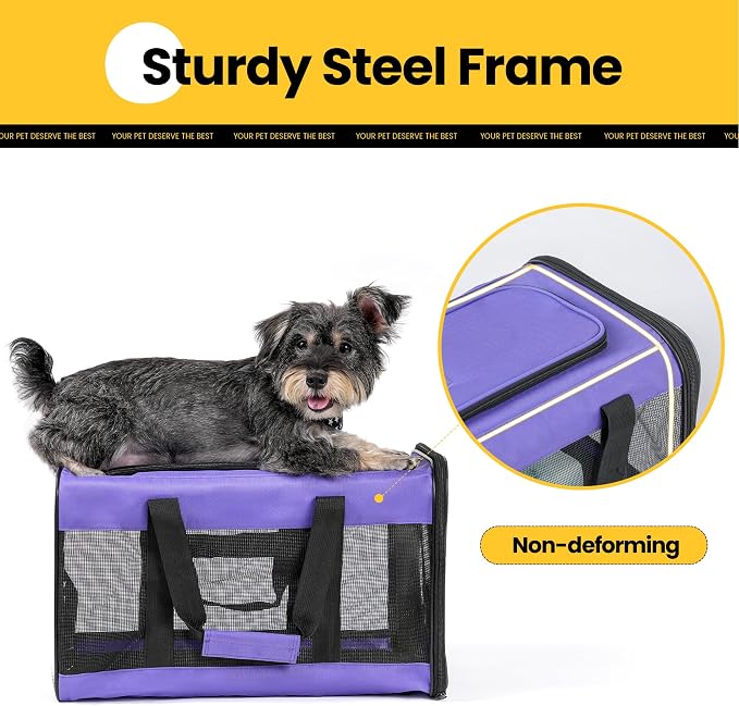 Conlun Cat Carrier Airline Approved, Soft-Sided Dog Carrier with Inner Safety Leash, Pet Transport Carrier for Small-Medium Cats Puppies up to 15 Lbs, Collapsible Travel Kitten Carrier Bag -Purple M