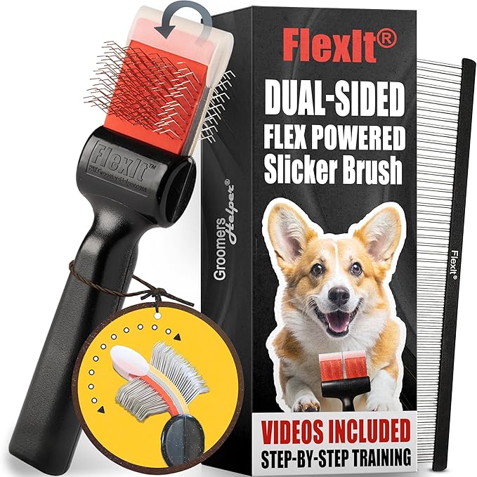 FlexIt Flexible Slicker Brush for Dogs - Professional 3-in-1 System & Video Trainings - Dual-Sided Dematting, Undercoating & Finishing Dog Grooming Brush by Groomers Helper (Single, Soft Flex)