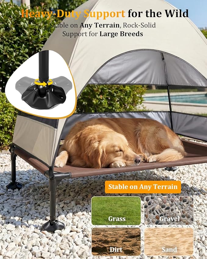 Elevated Dog Bed with Canopy - 3-Sided UV Protection Pet Tent with Wider Shade, Raised Cooling Outdoor Dog Cot with Breathable Mesh for Medium Large Dogs, Portable Bed for Camping, Patio (Khaki, L)