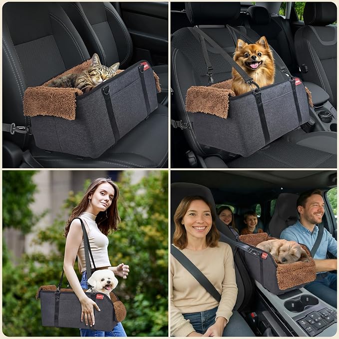 BurgeonNest Center Console Dog Car Seat for Small Pets to 11lbs, Brown | Anti-collapse armrest Console seat with washable fluffy cushion, pillow & tether for stable, cozy pet travel trips.