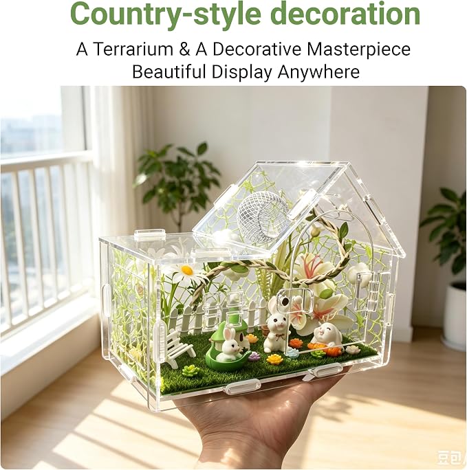 Acrylic Jumping Spider Enclosure Kit 27PCS with Decor | 27-in-1 whimsical set with cloud decor, green house, bunny figurines, ideal for mantis & tarantula