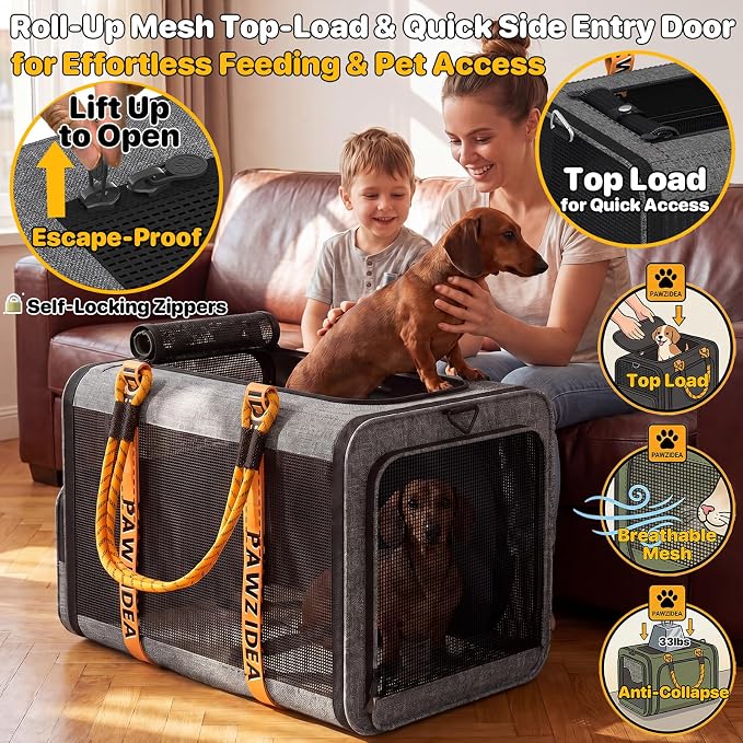 PAWZIDEA Expandable Large Pet Carrier with Wheels, 24x16x16 in Rolling Cat Carrier for 2–4 Cats up 55lb, Soft-Sided Collapsible Small Medium Dog Crate for Car Travel, Telescopic Handle, Storage Pocket