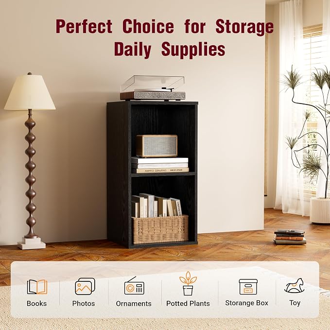 Book Shelf, Wooden Cube Storage Organizer with 11" Open Cubes, Stackable Modular Bookcase for Room Divider Storage, 2 Tier Bookshelf for Living Room, Bedroom, Office (Black, 2-Cube)